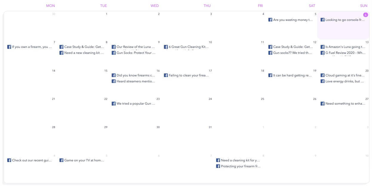 Calendar overview of scheduled social media posts by Missinglettr