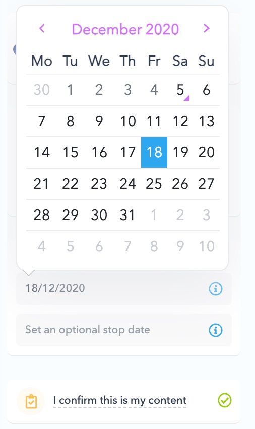 Select a starting date on when to publish the first post